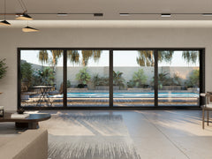 16 Foot Wide Aluminum Sliding 4-Panel Panoramic Patio Door Thermal (Multiple Heights) in modern living room.