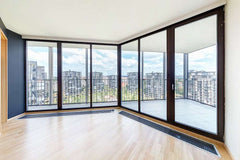 18 Foot Wide Aluminum Sliding 4-Panel Panoramic Patio Door Thermal (Multiple Heights) with city view