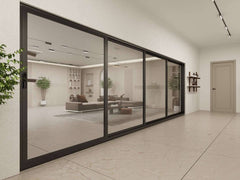 18 Foot Wide Aluminum Sliding 4-Panel Panoramic Patio Door Thermal (Multiple Heights) in modern living space.