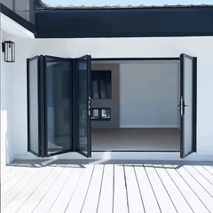 180" Wide BI-Fold Folding Door - Multiple Heights with sleek design and modern functionality, shown open on a wooden deck.