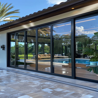 24 Foot Wide Aluminum Sliding 6-Panel Panoramic Patio Door Thermal - Multiple Heights with modern outdoor view.