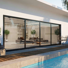 28 Foot Wide Aluminum Sliding 4-Panel Panoramic Patio Door Thermal (Multiple Heights) viewed from the exterior.
