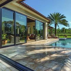 28 Foot Wide Aluminum Sliding 4-Panel Panoramic Patio Door Thermal (Multiple Heights) with pool view.
