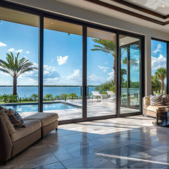 28 Foot Wide Aluminum Sliding 4-Panel Panoramic Patio Door Thermal (Multiple Heights) with scenic view.