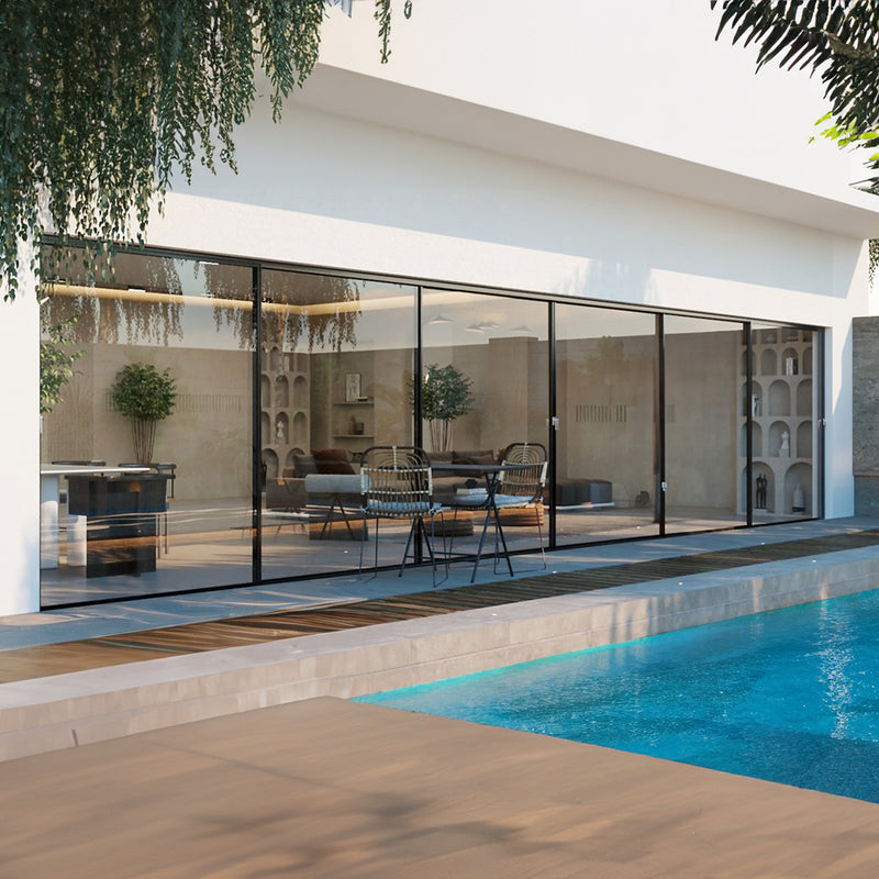 30 Foot Wide Aluminum Sliding 6-Panel Panoramic Patio Door Thermal - Multiple Heights with sleek design and pool view.