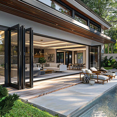 Modern home with a 30-foot wide bi-fold panoramic glass door, blending indoor and outdoor spaces.
