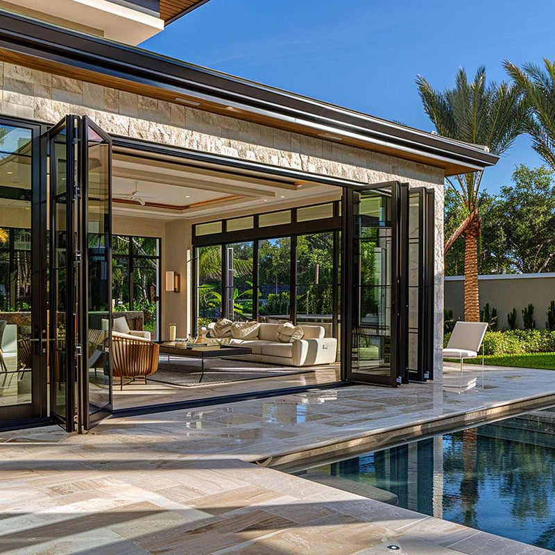 Elegant 20-foot bi-fold panoramic doors open to a modern indoor-outdoor space with pool and lounge area.