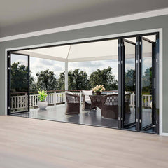408" Wide BI-Fold Folding Door -Title 24 & NFRC Approved showcasing a modern patio with furniture and scenic views.