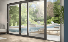 6 Foot Wide Aluminum Sliding 2-Panel Panoramic Patio Door Thermal (Multiple Heights) showcasing a scenic pool view.