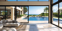 6 Foot Wide Sliding 2-Panel Panoramic Door (Multiple Heights) with a view of a poolside patio