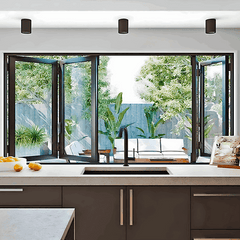 60" Wide Bi-Fold Pass Through Window - Multiple Heights opening to a garden view from a modern kitchen.