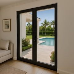 61.5" W Dual Swing French Door (Multiple Heights) with a view of a pool and palm trees.
