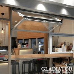 72" Wide Folding Up Pass Through Window - Multiple Heights showcasing elegant design in a modern café setting.