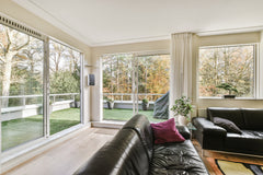 8 Foot Wide Sliding 2-Panel Panoramic Door (Multiple Heights) in modern living room with outdoor view.