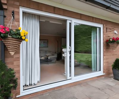 8 Foot Wide Sliding 2-Panel Panoramic Door (Multiple Heights) with flowers and curtains on a modern home.