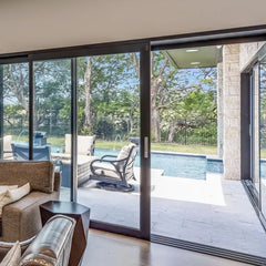 8 Foot Wide Sliding 2-Panel Panoramic Door (Multiple Heights) opening to a patio with pool view.