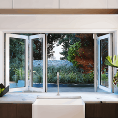 96" Wide Bi-Fold Pass Through Window - Multiple Heights with open doors revealing a scenic outdoor view.