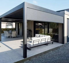 Apex Modern Aluminum Pergola | by Gladiator Pergolas – Custom Outdoor Shade Structure featuring a stylish outdoor seating area.