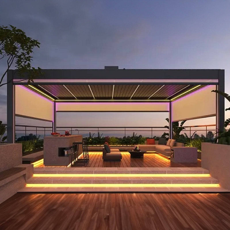 PERGOLA TEMPLATE - DO NOT USE - Modern outdoor space featuring a smart pergola with ambient lighting and comfortable seating.