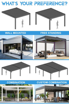 PERGOLA TEMPLATE - DO NOT USE options including wall mounted, free standing, combination, and custom combination styles.