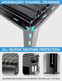 Integrated channel drainage system for Commercial Pergolas ensuring all season weather protection and rainwater diversion.