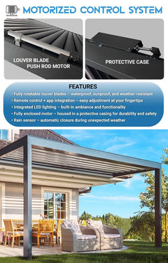 Apex Smart Pergola motorized control system with fully rotatable louver blades for commercial pergolas.