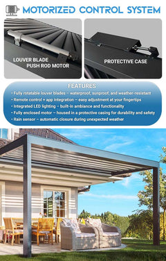 Commercial Pergolas with motorized control system and advanced louver blade features for outdoor comfort.