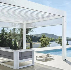 Commercial Pergolas – Apex Smart Pergola showcasing modern design with sleek aluminum structure and outdoor lounge area.