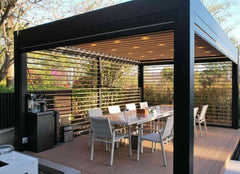 Commercial Pergolas: Apex Smart Pergola with modern design and outdoor dining setup.