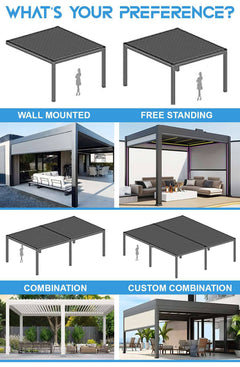 Commercial Pergolas in various styles including wall mounted, free standing, combination, and custom combination options.