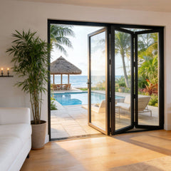 96" Wide BI-Fold Folding Door -Title 24 & NFRC Approved opening to a scenic poolside view.