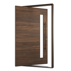 The Calvin Exterior Pivot Door showcasing a modern design with a sleek handle and wood grain finish.