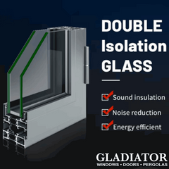 Double isolation glass showcasing sound insulation, noise reduction, and energy efficiency features.