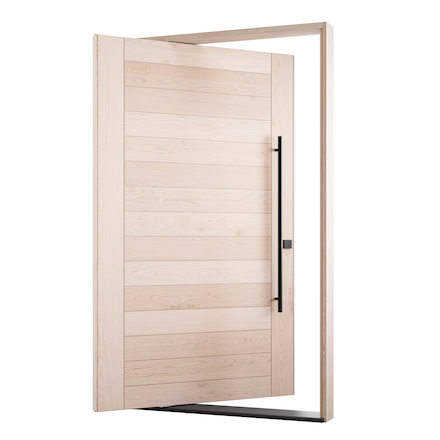 The Easton Exterior Pivot Door showcased in a modern design with sleek handle and natural wood finish.