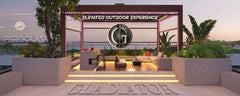 Modern commercial pergolas showcasing a luxurious outdoor space with seating and greenery.