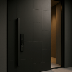 Magnus Exterior Gladiator Pivot Door with sleek design and modern black finish, perfect for contemporary homes.