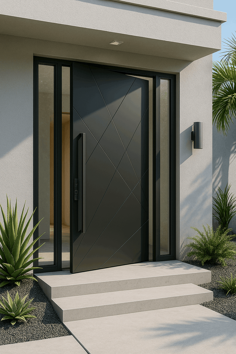 Magnus Exterior Gladiator Pivot Door showcased in a modern entryway with bi-fold folding door elements.