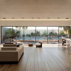 24 Foot Wide Aluminum Sliding 6-Panel Panoramic Patio Door Thermal - Multiple Heights with modern interior view.