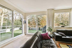 6 Foot Wide Aluminum Sliding 2-Panel Panoramic Patio Door Thermal (Multiple Heights) in modern living room.