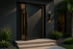 Nero Exterior Gladiator Pivot Door showcased in a modern entryway with elegant landscaping.