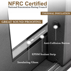 NFRC certified image showcasing thermal insulation, sound proofing, and features of the 24 Foot Wide Aluminum Sliding 6-Panel Panoramic Patio Door Thermal - Multiple Heights.