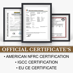 Official certificates including American NFRC, IGCC, and EU CE certifications for quality standards.