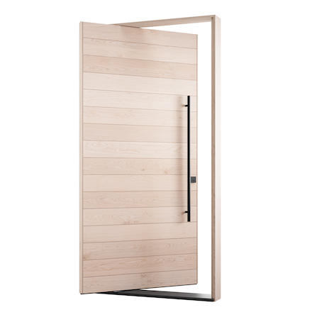 The Remington Exterior Pivot Door with modern wood slats and sleek handle, perfect for stylish entries.