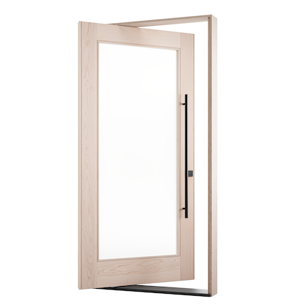 The Rockwell Exterior Pivot Door showcasing a modern design with a glass panel and sleek handle.