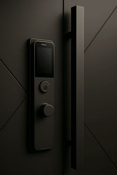 Close-up of Roma Exterior Gladiator Pivot Door handle with smart lock features.