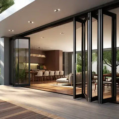 30-foot wide bi-fold panoramic door, perfect for modern homes, showcasing sleek design and easy access to outdoor space.