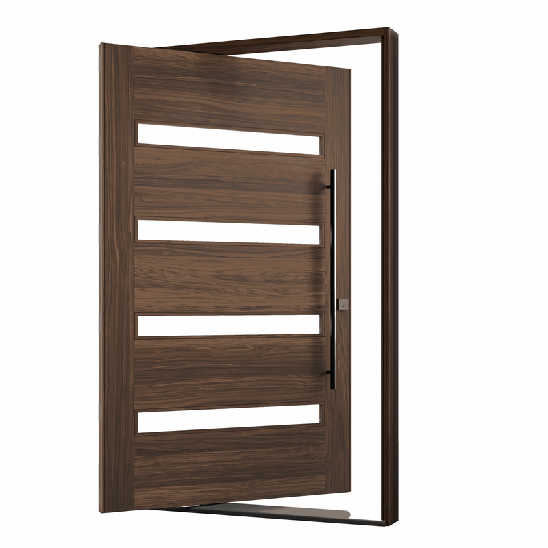 The Sterlingwood Exterior Pivot Door in rich wood finish with sleek handle and modern design.