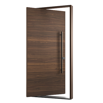 The Sullivan Exterior Pivot Door displayed, showcasing elegant wood finish and modern design.