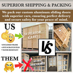 Image comparing shipping and packing quality for aluminum sliding doors, emphasizing superior care and safety.