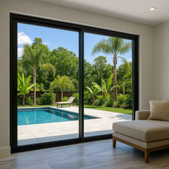 6 Foot Wide Aluminum Sliding 2-Panel Panoramic Patio Door Thermal (Multiple Heights) with pool view.